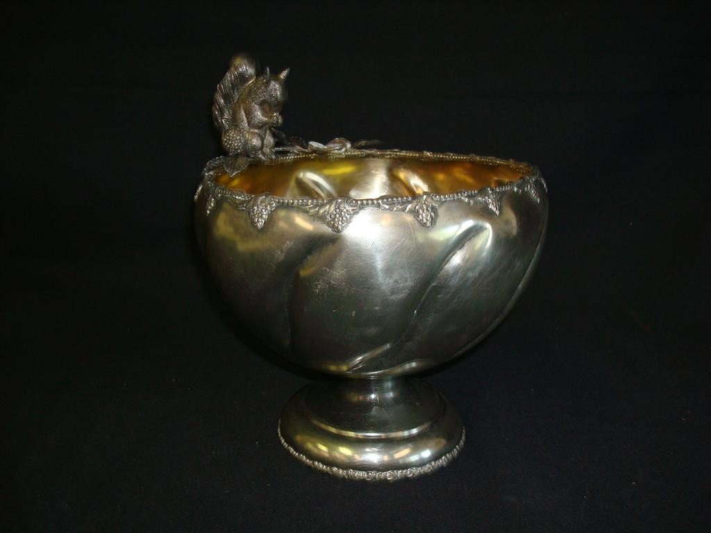 AMERICAN VICTORIAN SILVER PLATE FIGURAL NUT BOWL: Pedestaled bowl. Full figure of a squirrel. New England mark 9" H. 8" D