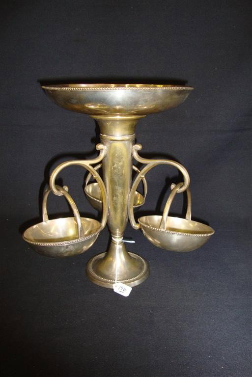 SILVER PLATED EPERGNE: With a central bowl and three hanging bowls. 12" H.
