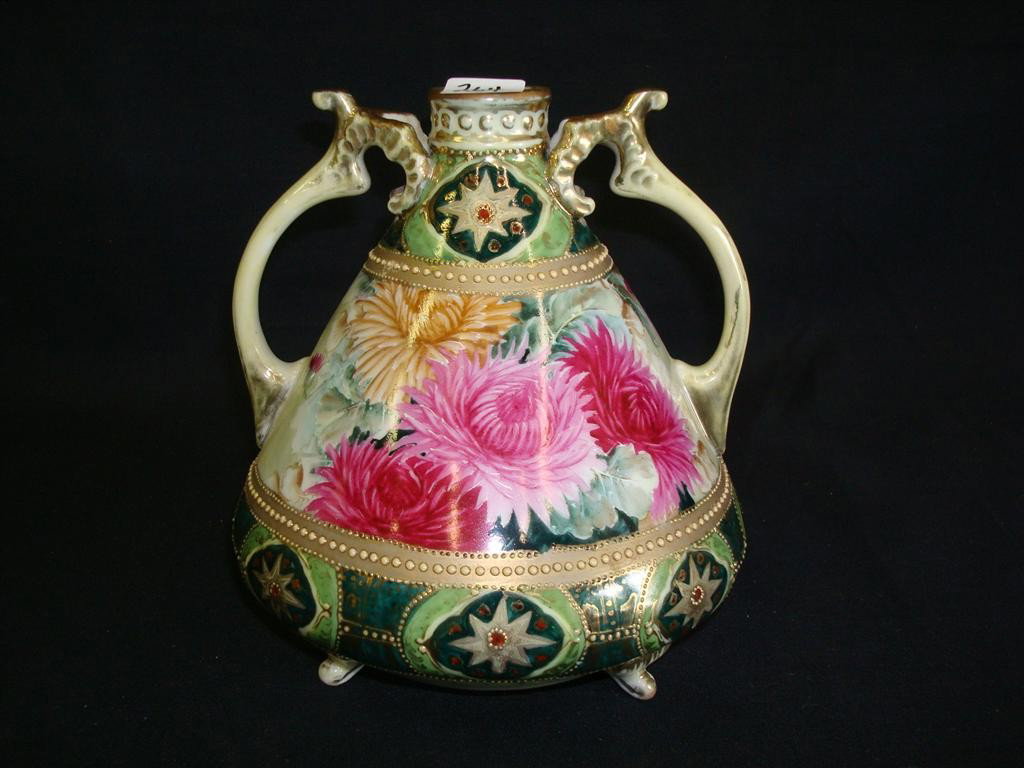 NIPPON DOUBLE HANDLED VASE WITH GILT DECORATIONS: 7 1/2" H. No mark