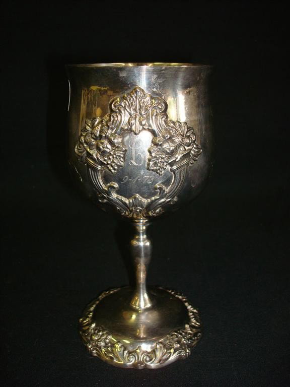 REED AND BARTON REPOUSSED CHALICE: Marked for Reed and Barton. Monogrammed with a "G" 6 1/2" H