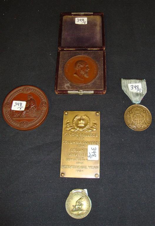 COLUMBIA UNIVERSITY COMM. BRONZE MEDAL AND OTHERS : Also in the lot, Philadelphia Expositiion Bronze Medal 1926; Sons of St. George bronze medal, Phil 1898; Grand Lodge of the State bronze medal, 1891 and a Fireman's Association bronze medallion, Coope