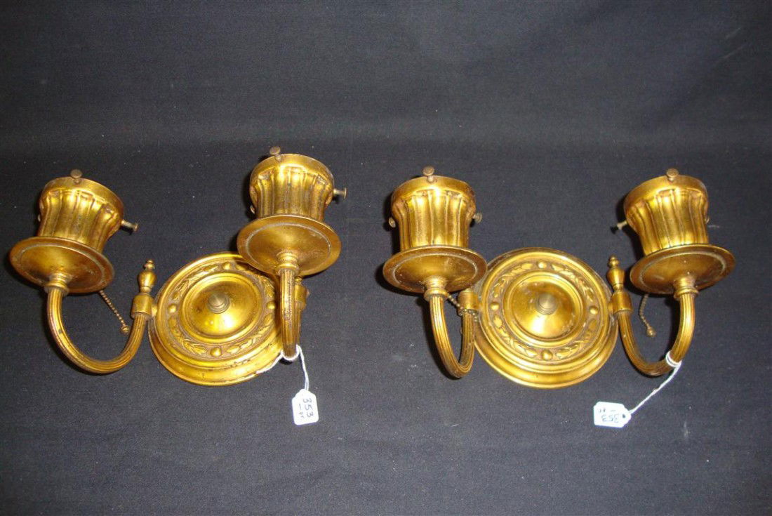 PAIR OF BRASS DOUBLE BRANCHED WALL SCONCES: 4" H.
