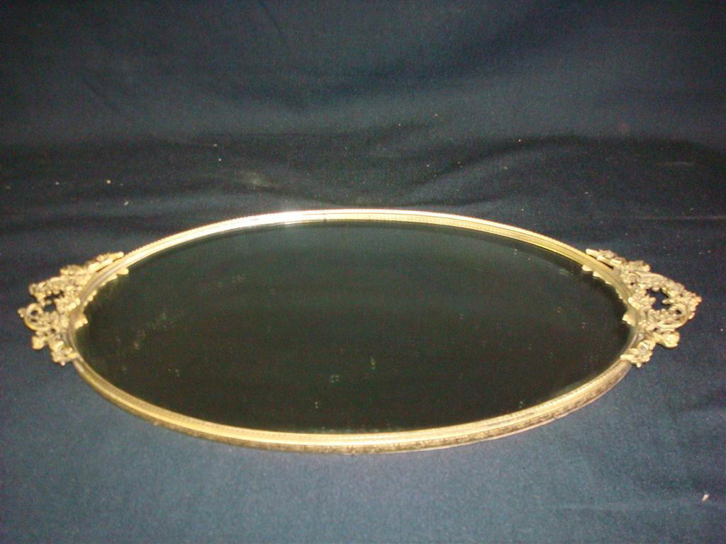 MIRRORED FANCY BRASS DRESSING TABLE TRAY: 20" L. 14" W