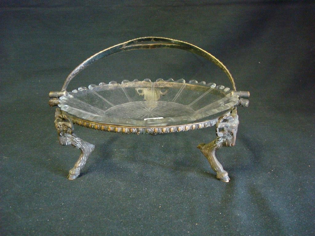 FRENCH BRONZE AND GLASS BASKET DISH: Ram's head feet. 8" H.