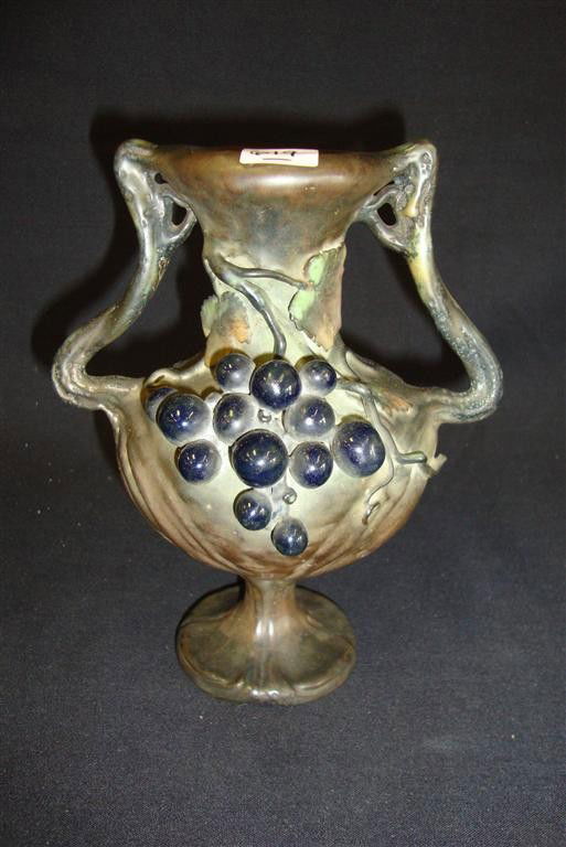AMPHORA VASE DOUBLE HANDLED: Grape Design. Signed and numbered 8" H.