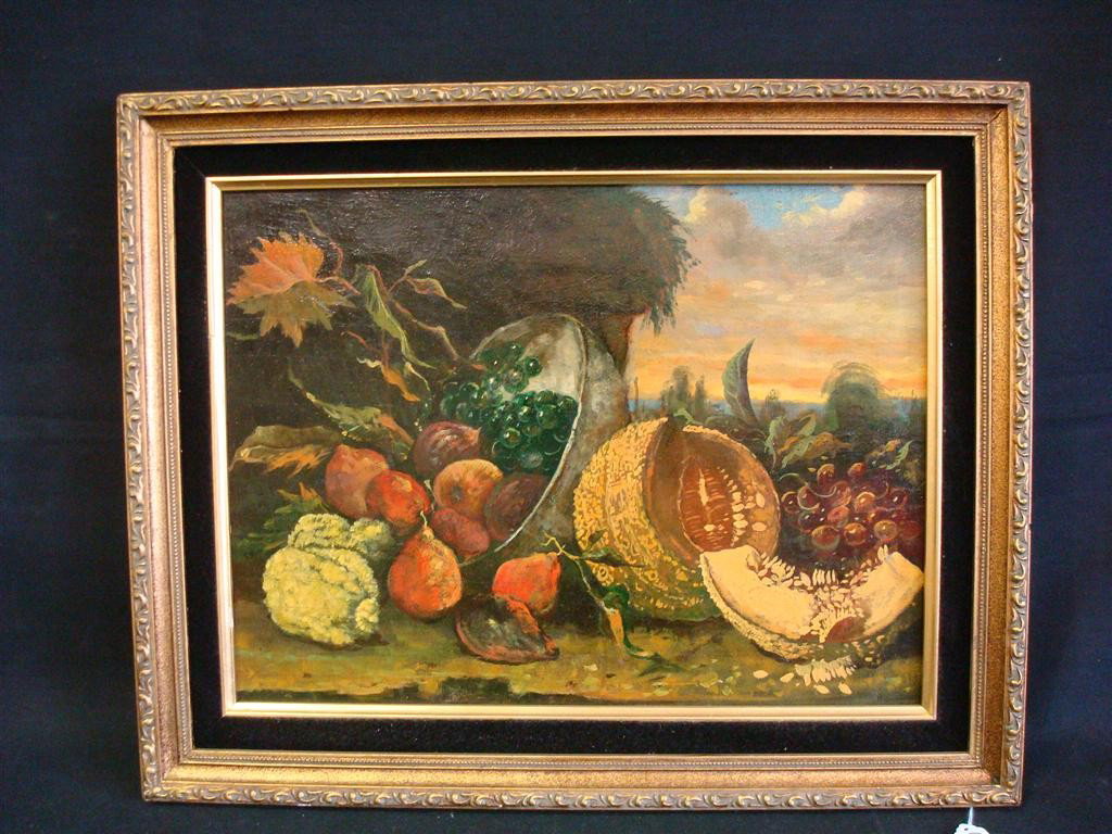 OIL ON CANVAS 19TH C. CONTINENTAL SCHOOL: Still life with fruit. 12" x 16"