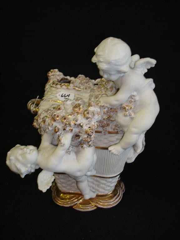 AMPHORA "BASKETWEAVE" VASE SIGNED: With winged cherubs. Fully signed with incised marks. Double handled. 12" H