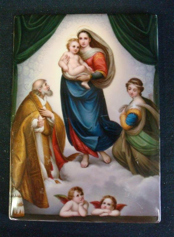 PAINTING ON PORCELAIN, MOTHER & CHILD: Virgo Sixlina nach Raphael, 5" x 7"