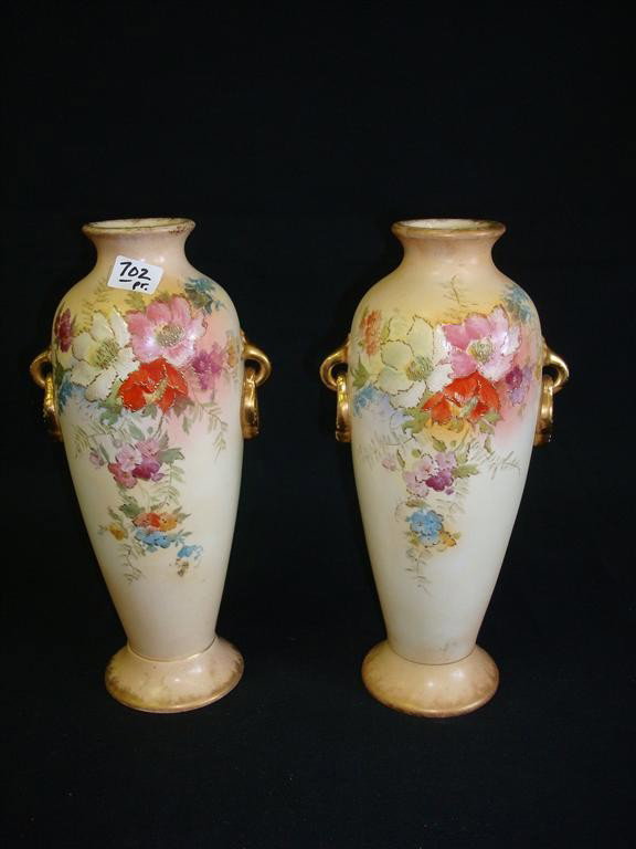 PAIR OF ROYAL BONN VASES: Hand painted porcelain, gilt applied handles.mkd. at bottom 10" h
