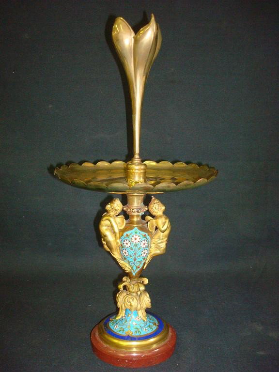 CLOISONNE AND FIGURAL BRONZE EPERGNE: Figural cupid mounts. Gold wash on bronze. 17" H