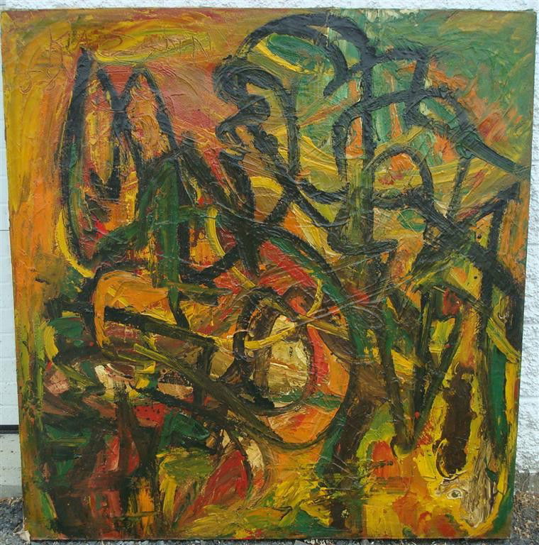 KAZANN ABSTRACT OIL PAINTING SIGNED: 20th C. Modernist oil on canvas, "Homage to Willem" signed upper left and dated '58. Also inscribed on stretcher; 50in. X 48in. (Student of DeKooning)