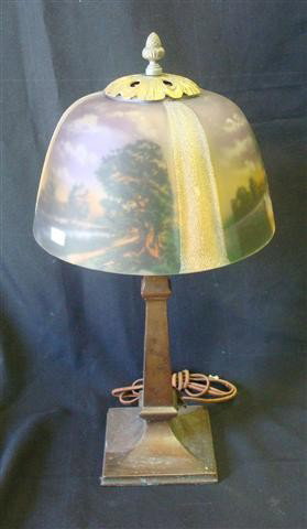 PITTSBURGH TABLE LAMP: Reverse painted landscape scene. 10 in. diam. shade; 20in. H.