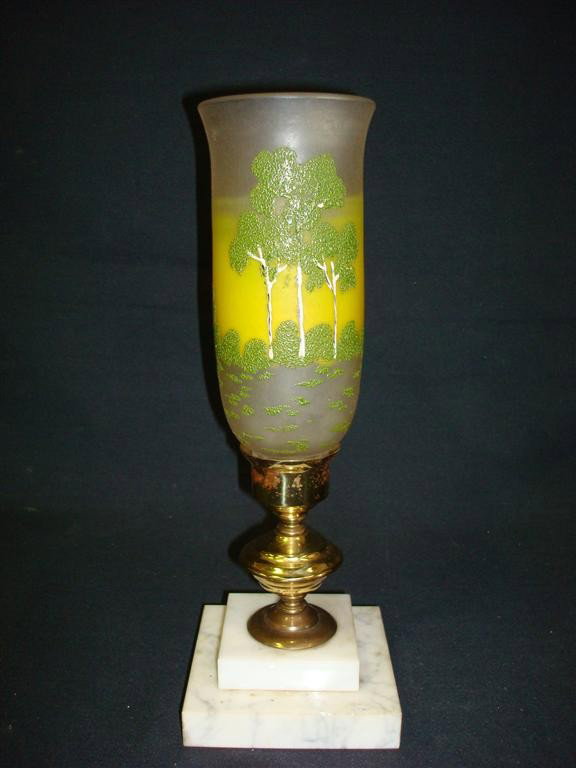 PAIRPOINT TORCHERE LAMP SIGNED: Signed Pairpoint Mfg. Co. in gold letters on the bottom of the lamp shade. Tiered marble and brass base. Not electfified. For candle. 8 1/2" H shade. Overall size is 13"