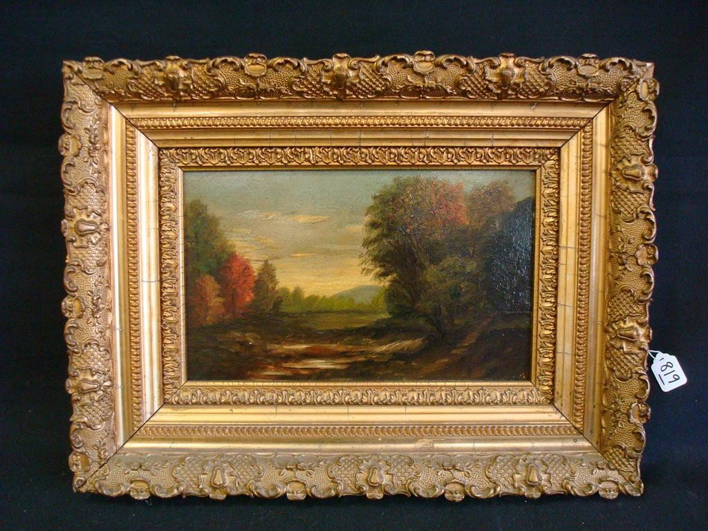 OIL ON BOARD 19TH C. AMERICAN SCHOOL: Dry Brook, New Hampshire. Attributed to Benjamin Champney. 61/4" X 10 1/4"