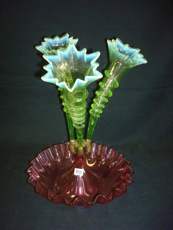ART GLASS EPERGNE: Red base and 3 green/clear fluted & ruffled "flowers" 15 high x 10-1/2 wide
