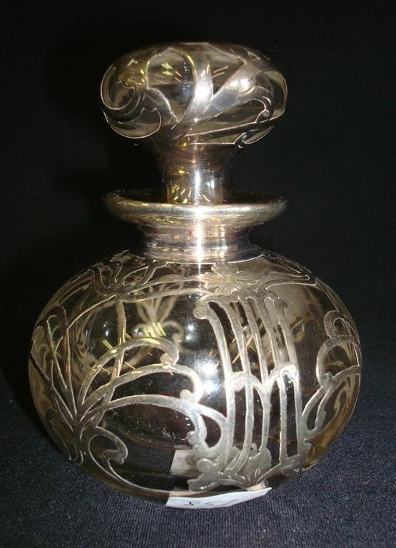 STERLING SILVER OVERLAY DRESSER JAR: With stopper. 4-1/2 high