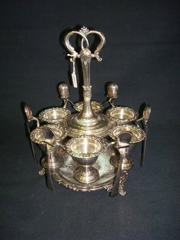 ENGLISH SILVER PLATE EGG SERVER: For six eggs with spoons. Hallmarked 10" H