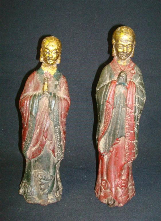 TWO IRON TEMPLE GODS: Polychromed. Gilt heads. 11" h & 11-1/2" h