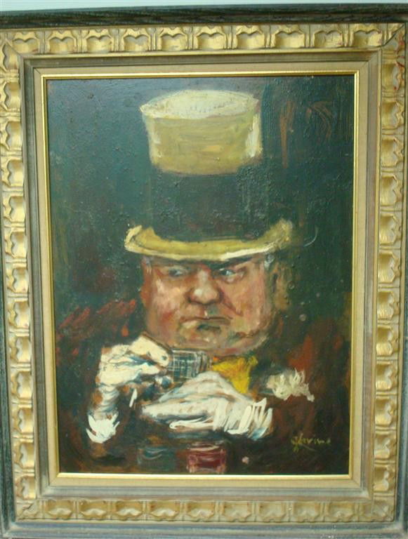 JACK LEVINE; OIL PAINTING SIGNED: oil on board, Portrait of a Society Gentleman signed lower right; 24in. x 28in. Correction to description: No label. Inscribed "Return to: Kennedy Galleries" on reverse