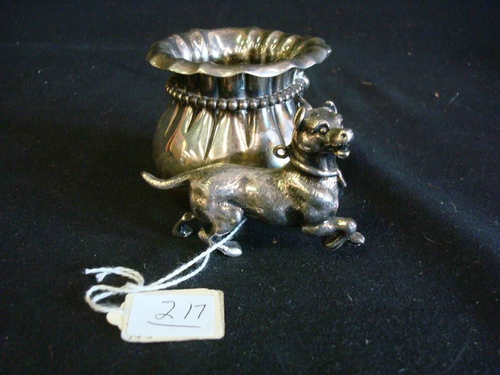 AMERICAN VICTORIAN FIGURAL TOOTHPICK HOLDER: Dog runs alongside a ribboned holder. Rogers Tripleplate #45.