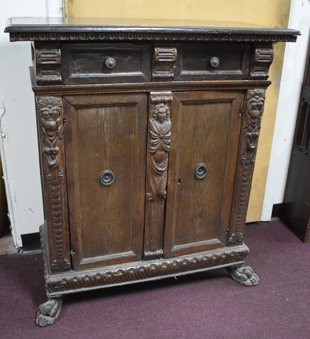18th C. European Wood Carved Credenza: Good condition . Some repairs possibly to doors but functional. 39" x 35.5" x 15.5"