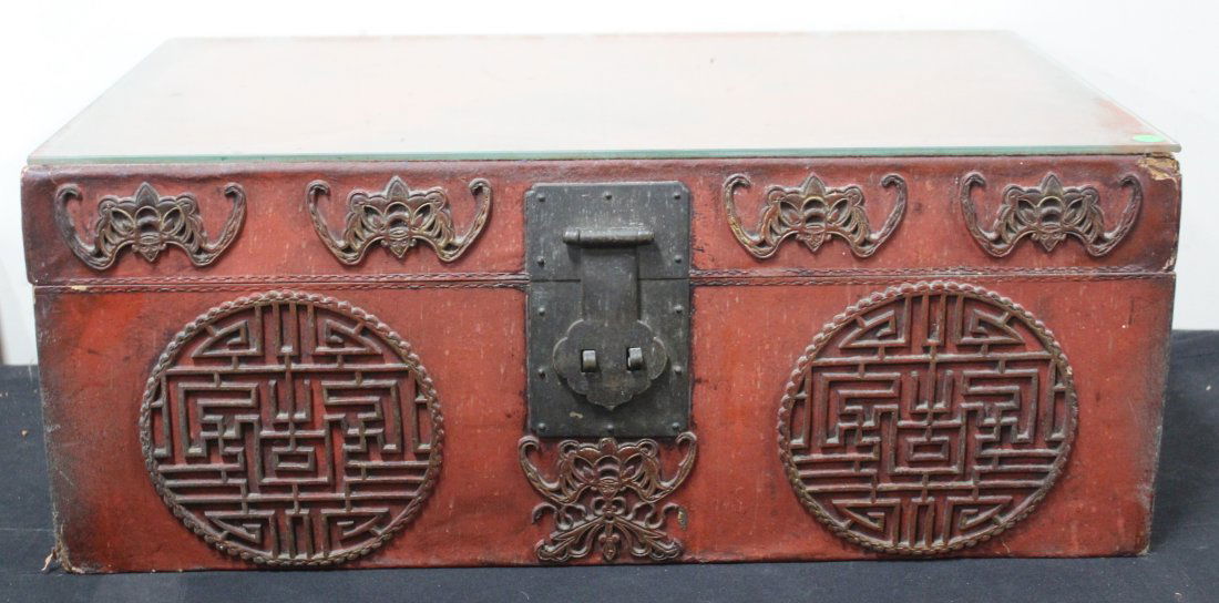 Chinese Red Lacquer Glass Top Chest (1 of 3)