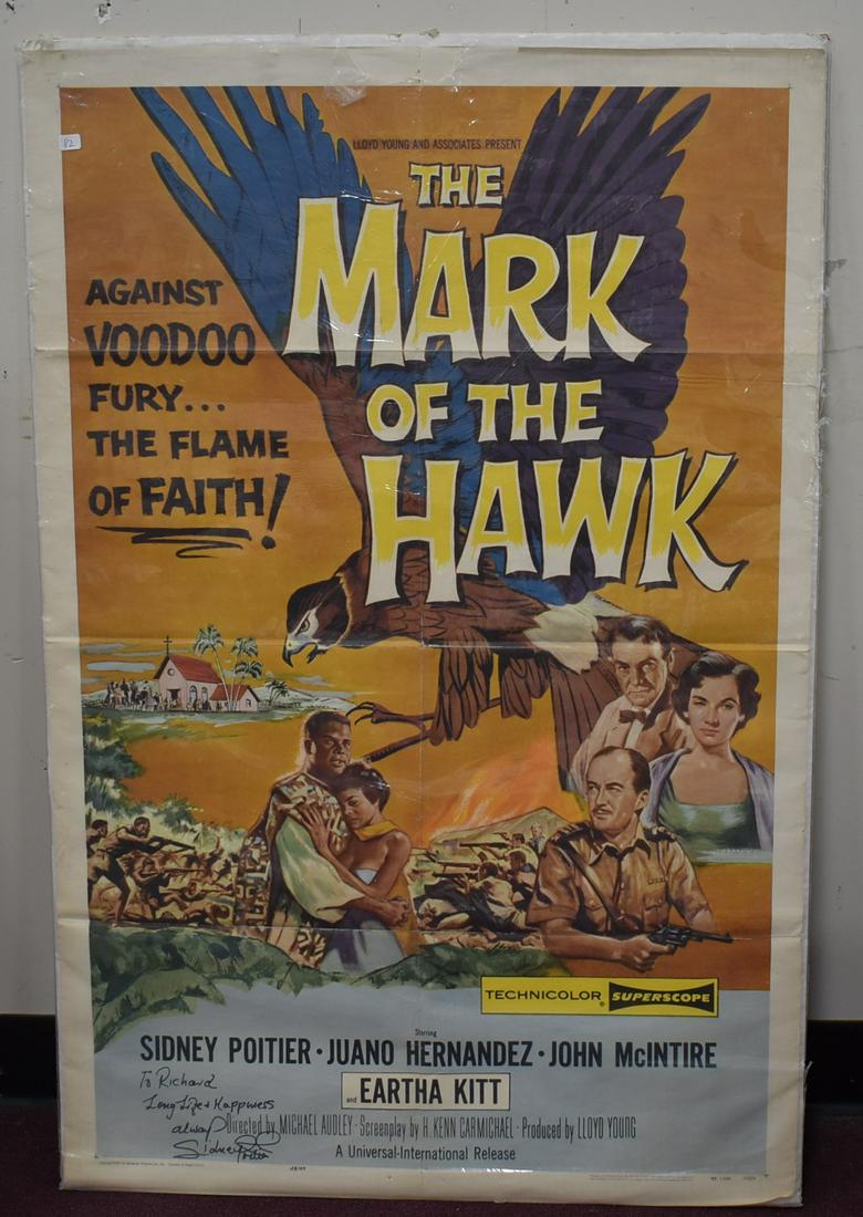 Antique Movie Poster Mark of the Hawk (Poitier autographed): One Sheet. 27 x 41 Sidney Poitier; Juano Hernandez; John McIntire. Universal-International. 1958 Autographed in ink. To Richard Long Life and Happiness Sidney Poitier