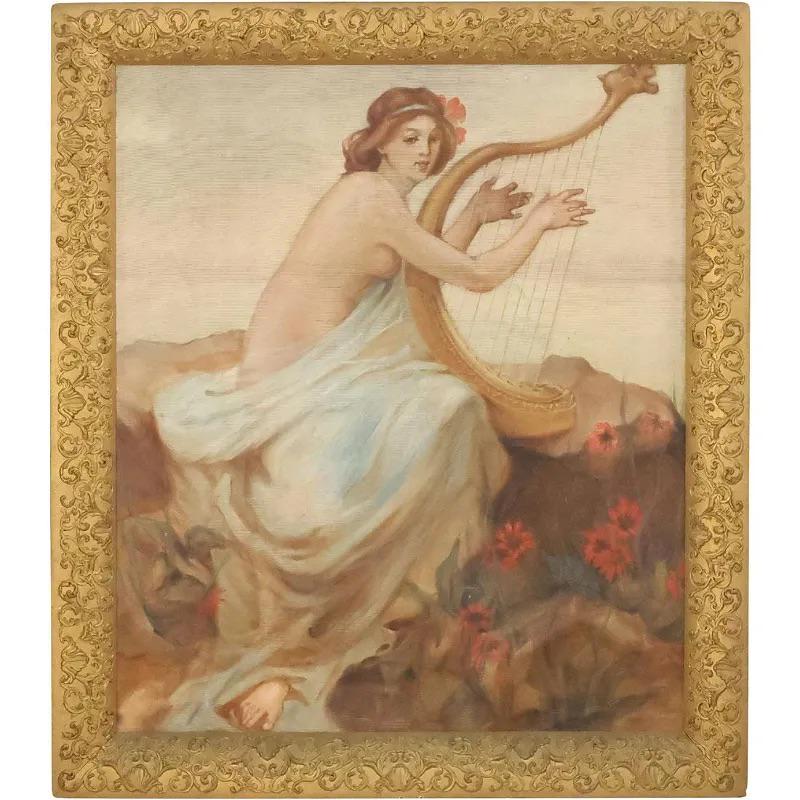 Edwin Blashfield(attributed to); Oil - By the Sea: Edwin Howland Blashfield(1848-1936) oil on canvas(mounted to board). By the Sea(depicting a semi-nude maiden seated on a sea wall playing a lyre. Signed and titled in pencil on backing; 33in. X 28in.(