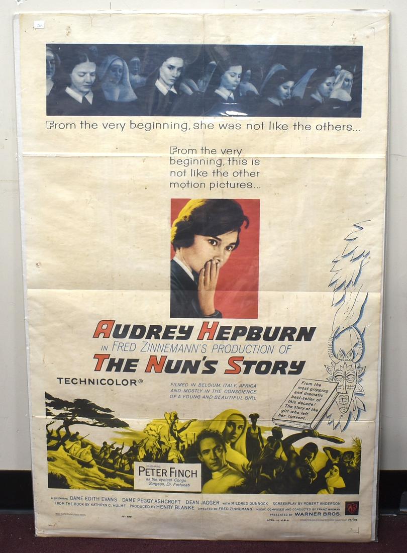 Antique Movie Poster The Nun's Story: One sheet poster. 27" x 41". Uncropped. 1959, Warner Bros. Starring Audrey Hepburn.