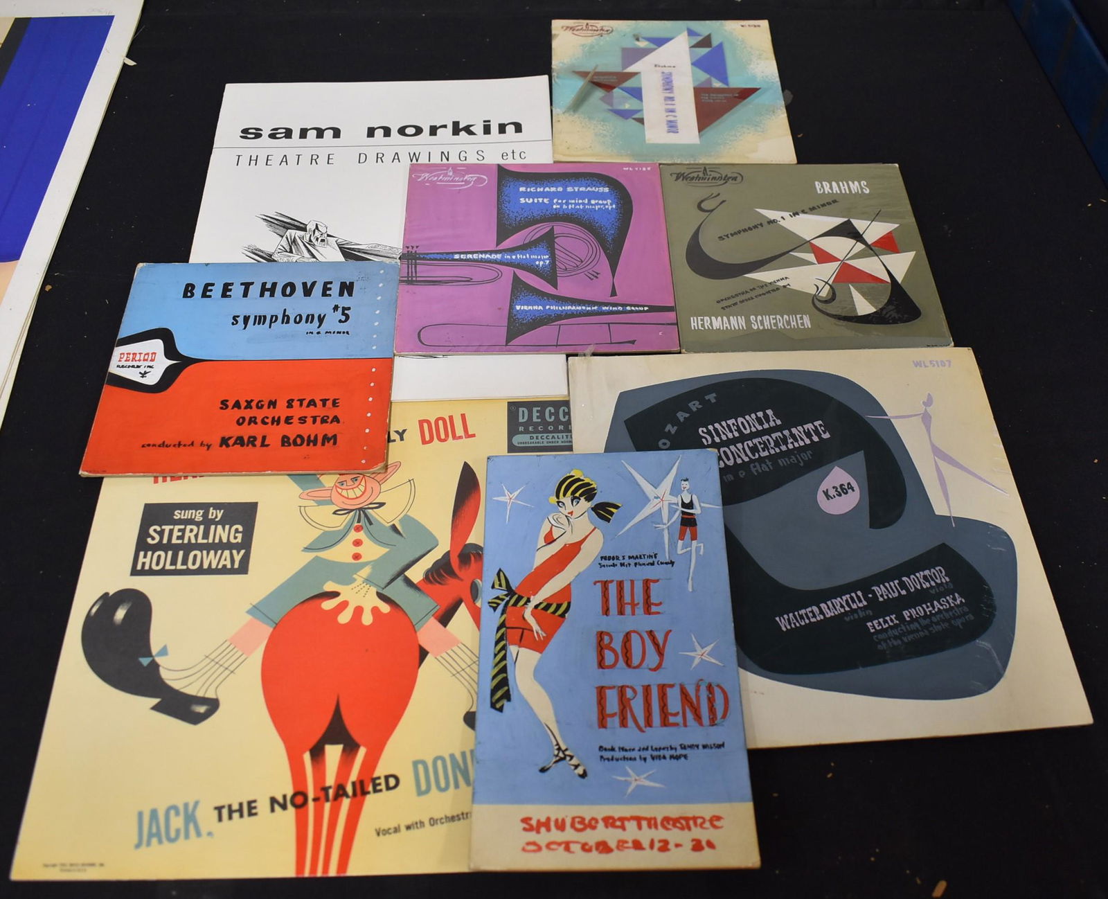 Sam Norkin Original Illustrations Etc.(8): Original Pastel Illustration for album cover, sgd.; (4); original pastel illustration for album cover design (larger than previous 4); original pastel illustration for The Boy Friend (unsigned); and a