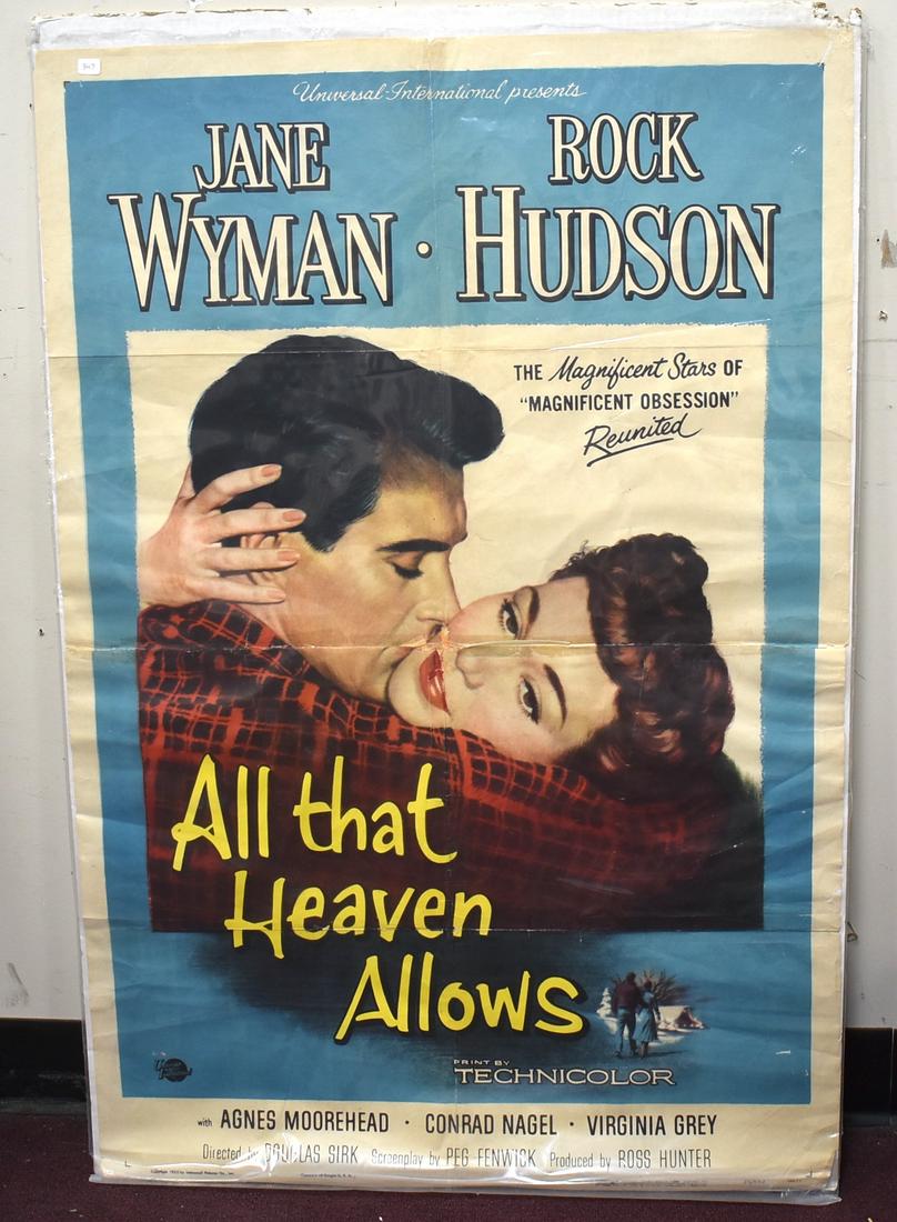 Antique Movie Poster All That Heaven Allows: One sheet poster. 27" x 41". Uncropped. 1955, Universal Pictures. Starring Jane Wyman & Rock Hudson.