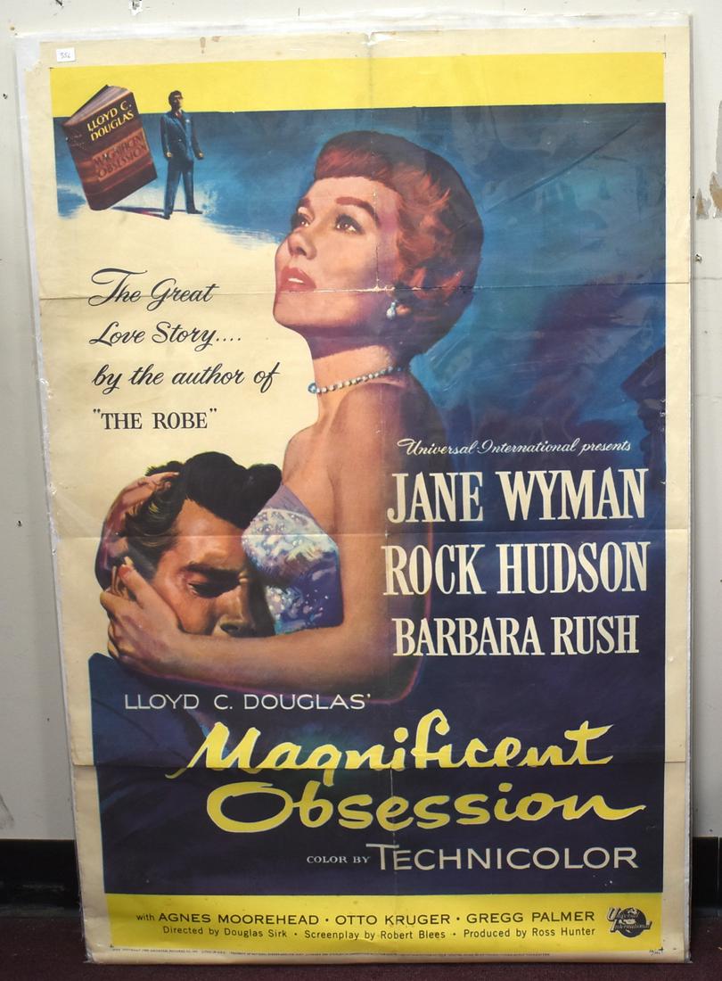 Antique Movie Poster Magnificent Obsession: One sheet poster. 27" x 41". Uncropped. 1954, Universal Pictures. Starring Jane Wyman, Rock Hudson & Barbara Rush.