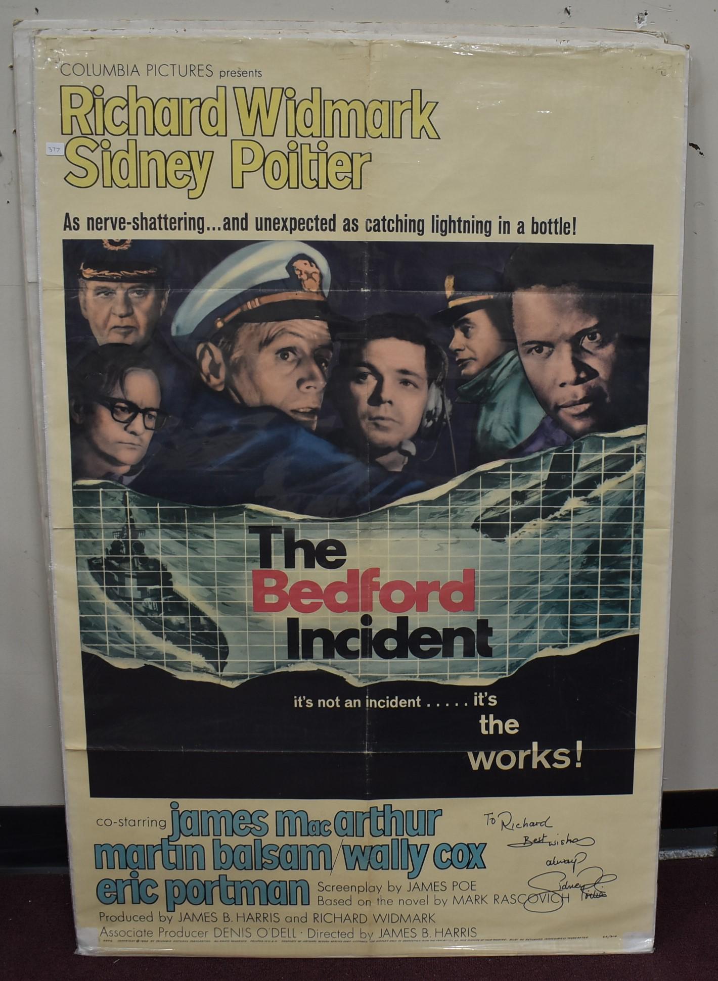 Antique Movie Poster. The Bedford Incident. Autographed by Poitier: James MacArthur, Martin Balsam. Wally Cox. Autographed in ink. To Richard. Best Wishes. Sidney Poitier. One Sheet 27 x 41