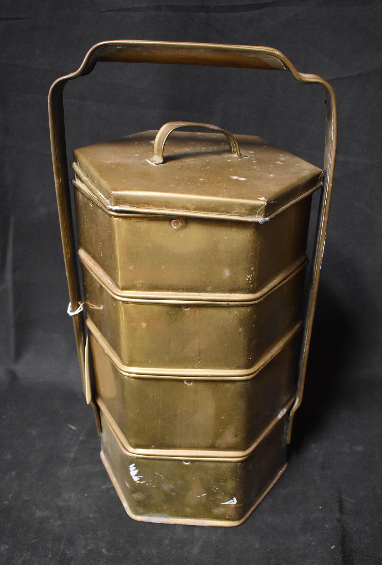 Brass Handled "Lunch Box": Four tiered 16"H