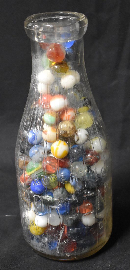 Antique Bordens Milk Bottle filled with Marbles: Filled completely with antique marbles. Circa 1900s-1940s. Size 9.5"H
