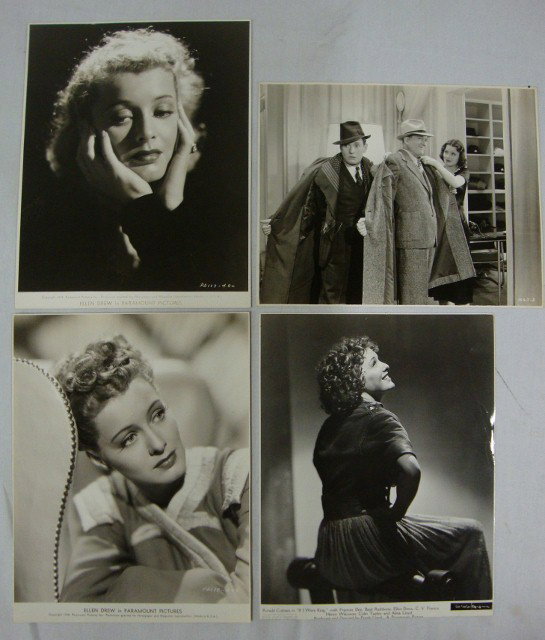 ELLEN DREW MOVIE STILLS (50): 1937-1951 Lot of portraits, some double card stock & some with publicity snipes, glamour photos and movie scenes from Murder Goes To College; Buck Benny Rides Again; and Night Plane From Chungking.