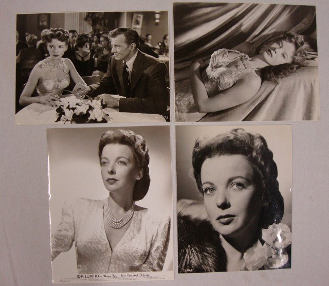 IDA LUPINO MOVIE STILLS (75): 1946-1973. Glamour photos, portraits and movie scenes. Some double card stock, linen backed & some with publicity snipes. Movie scenes to include: Deep Valley; Escape Me Never; Road House; On Dangerou