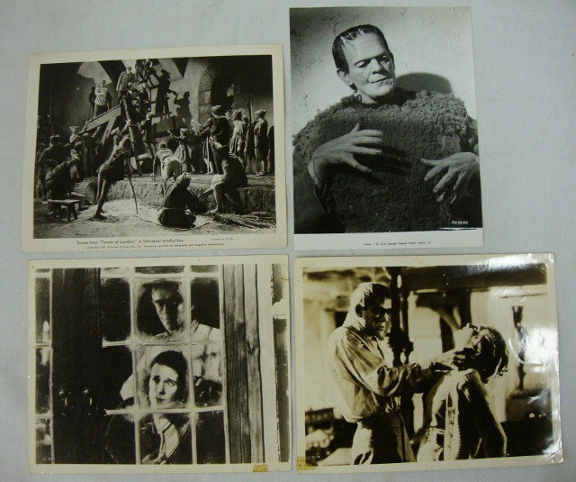 BORIS KARLOFF MOVIE STILLS (41): Publicity photos and scenes from Karloff films including Frankenstein; Tower of London; Son of Frankenstein with Bela Lugosi; The Ghoul; Mask of FuManchu; The House of Rothschild; The Mystery of Mr. W