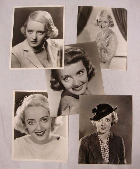 5 BETTE DAVIS PORTRAITS BY FRYER: Five Bette Davis close up portraits the the famed Hollywood photographer Elmer Fryer. One marked for cropping for publication. Date stamped 1937, 1938 & 1939. One with publicity snipe for Oct. 27, 193