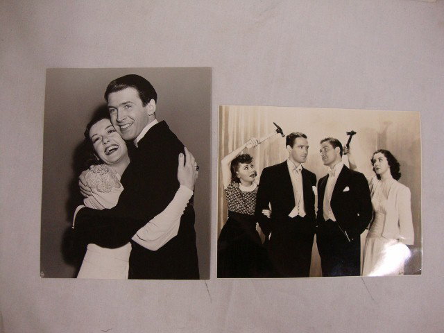 ROSALIND RUSSELL PHOTOS BY LONGWORTH (2): With James Stewart in No Time For Comedy. Typed publicity snipe on reverse. Date stamp for Jul 5, 1940 and backstamp for the photographer; with Olivia de Havilland, Patrick Knowles & Errol Flynn in Fo