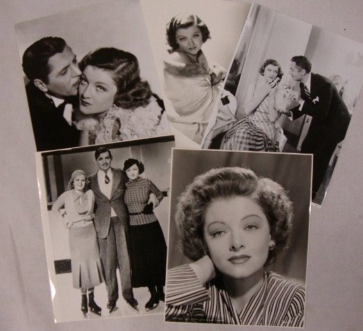 MYRNA LOY PHOTOGRAPHS (14): With Elissa Landi in After The Thin Man - 1936; close up portrait; with Clark Gable in 1936 skating scene; with William Powell in The Thin Man; close up glamour portrait; with Warner Baxter in Broadwa