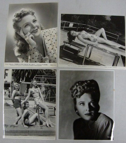 EVELYN ANKERS PHOTOGRAPHS (4): Close-up portrait; 1943 Universal portrait; 1942 bathing beauty photo with Andrewski stamp at back; Roman Freulich portrait - Ankers with Helen Parrish & Anne Gwynne with a publicity snipe for Ride 'E