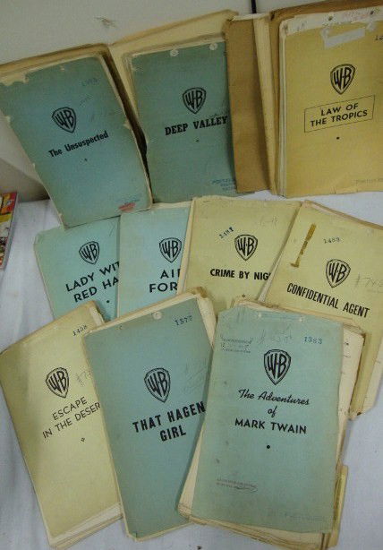 ORIGINAL DIALOGUE SCRIPTS - 1940'S (12): Eleven original scripts from the 1940's with Portuguese translations. Confidential Agent - 1945 (Lauren Bacall) - has 1 additional cover and one page in Chinese; Wild Bill Hickok Rides - 1942 (Constan