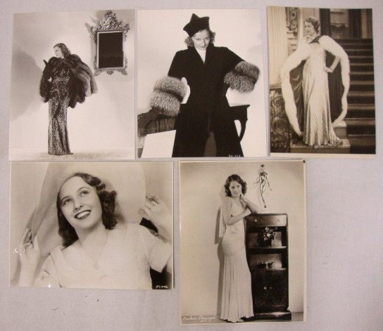 BARBARA STANWYCK MOVIE STILLS 1930'S (8): Ernest Bachrach 3/4 length fashion photo with backstamp (2); full length fashion photo with date stamp for 1930; portrait in a beach sombrero with date stamp and a publicity snipe; full length fashion