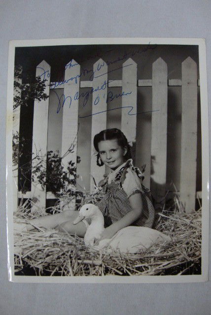 MARGARET O'BRIEN ISP-CLARENCE SINCLAIR BULL: Inscribed in blue ink For John Lowe Always, Wamest Wishes Margaret O'Brien. Back stamp for Clarence Sinclair Bull & publicity anipe for "Our Vines Have Tender Grapes"