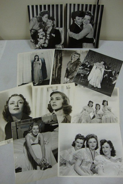 MOVIE STILLS WITH PHOTOGRAPHER STAMPS (10): Lot of 10 photos - portraits, candids, stills with photographer stamps including Gene Kornman, Alan Fisher, Henry Waxman, Longworth, Nancy Kelly and Van Damm.