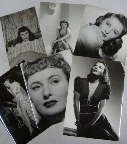 MOVIE STILLS BARBARA STANWYCK (6): Candids, glamour photos and portraits, some double cardstock and some with backstamps. Photo by Hal McAlpin, Eugene Robert Richee, Bert Six, Hurrell (corner cut). 5 x 8 to 7 x 11