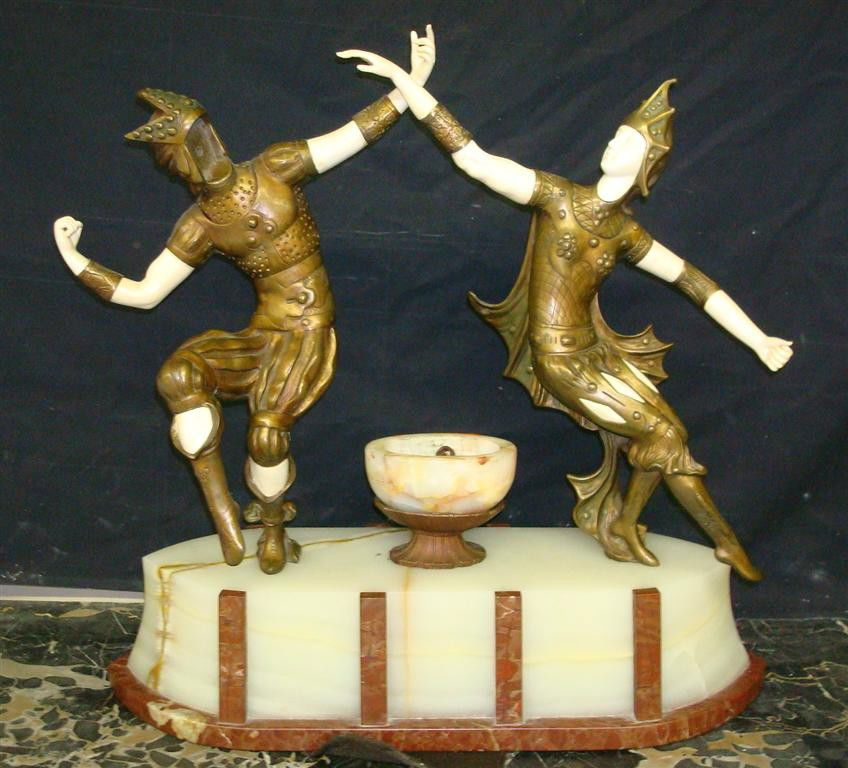 CH. RAPHAEL PEYRE; BRONZE AND IVORY GROUPING SIGNE: Bronze and ivory grouping, two dancers signed on marble base; 21in. H. x 21.5in. W. (as is, male ivory face missing)