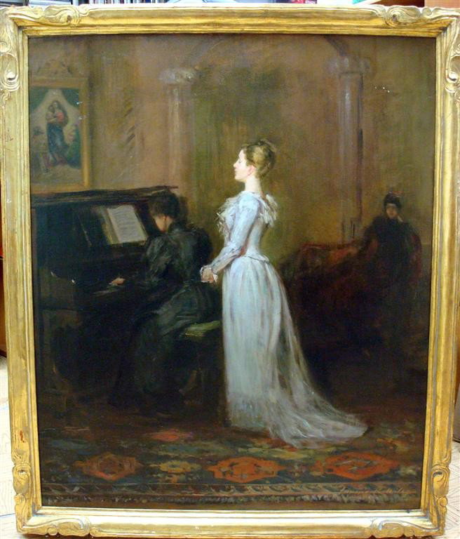 IRVING R. WILES; OIL PAINTING SIGNED: Oil on canvas, The Rehearsal signed lower right and inscribed on reverse; 36in. X 30in., original carved gilt frame