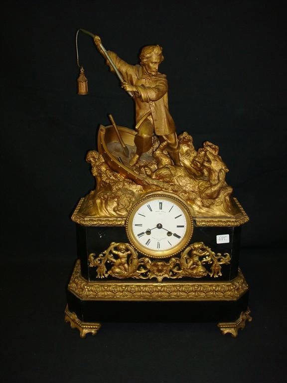 FRENCH BRONZE AND MARBLE MANTLE CLOCK: 19thC. French dore bronze and marble mantle clock. Depicting a man in boat fighting off a bear. Face is inscribed "Prize medal 1854". Inscribed at bottom "Milroy Fres. Brevetes a Paris"; 22in. H.